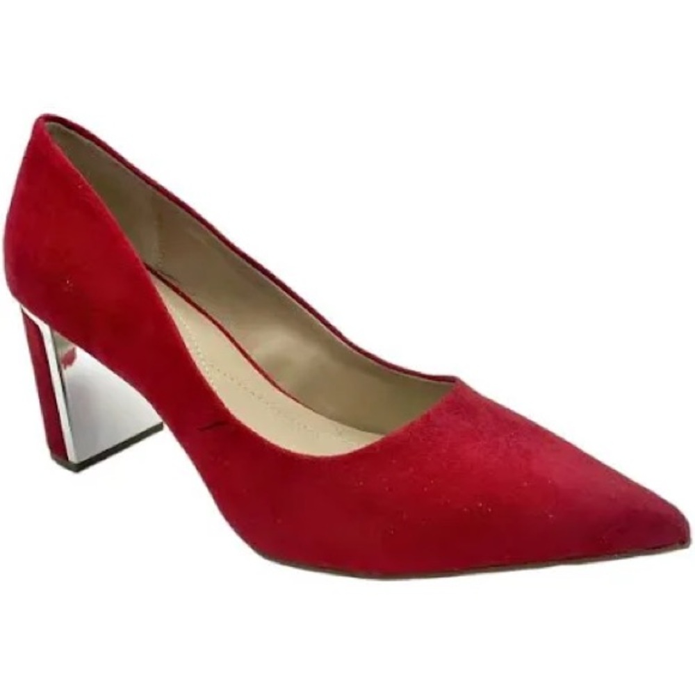 Alfani Step N’ Flex Red Suede Pointed Toe Block Silver Heels Sz 6.5M